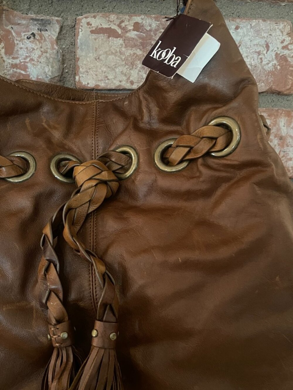 Kooba Carla NWT Chestnut Leather Hobo Bag Suede Lined Braided Tassel - Picture 10 of 10